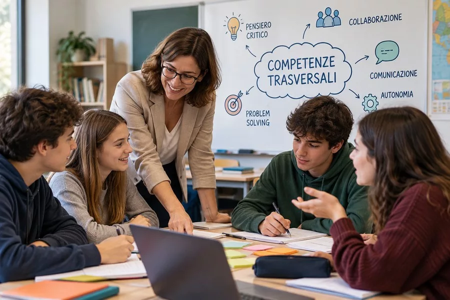 insegnante_analizza_competenze_trasversali_con_alunni insegnante analizza le competenze trasversali insieme ai suoi alunni in classe