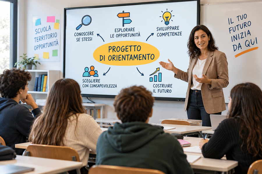 insegnate mostra un progetto di orientamento davanti ad una classe di alunni